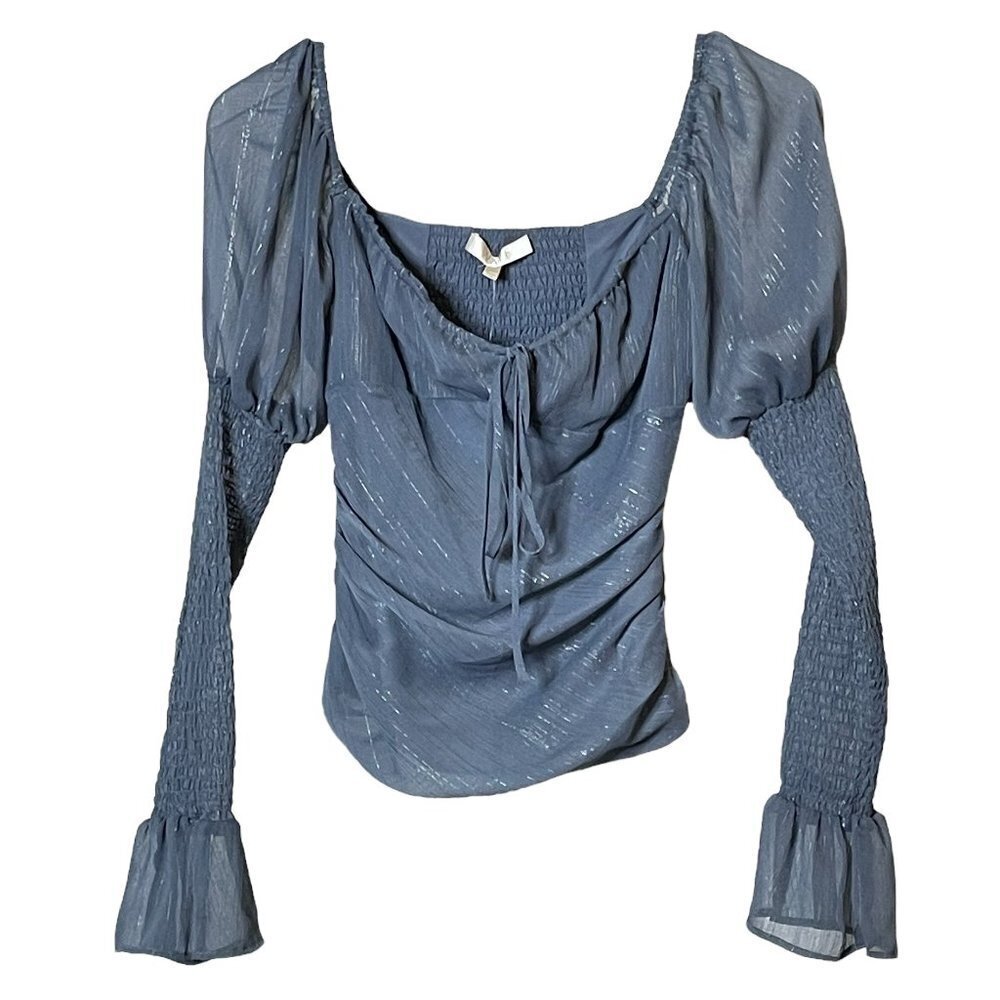 NWT Wayf Smocked Bell Sleeve Ruched Metallic Chiffon Top in Slate